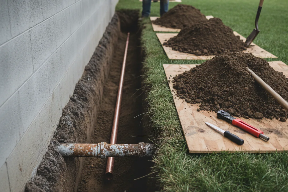 Excavated water line trench during Sewer Line Repair in Olmstead